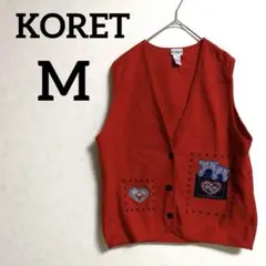 KORET 【M】赤 フリースベスト クマ 熊 くま 刺繍 ハート 秋冬