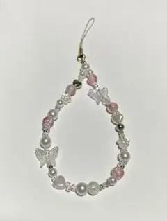 ビーズストラップ ピンク×ホワイト 蝶 ハート