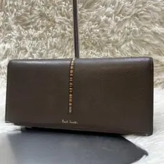 美品 ポールスミス　長財布　レザー シボ革 マルチストライプ グレージュ系