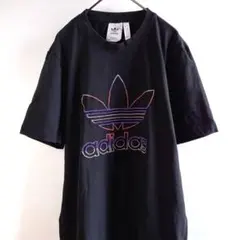 アディダス　オリジナルス　Tシャツ　半袖　ストライプ　ビッグ　刺繍ロゴ　黒　XL