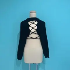 黒 リブ編み 長袖ニット バッククロス