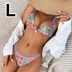 レディース セクシー 水着 セパレート 2点セット 三角ビキニ 花柄 オレンジＬ