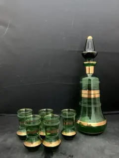 未使用】ボヘミアガラス デキャンタ＆ミニグラス2客セット 金彩