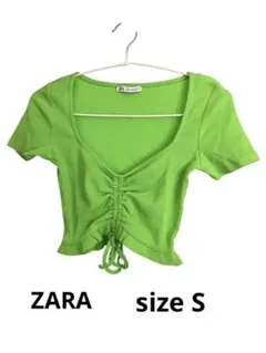 ZARA 丈短め　トップス　フロントギャザー　フリル裾　S ライトグリーン　半袖