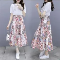 【新品未使用】レディースセットアップ 白 スカート ワンピース Lサイズ 半袖