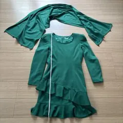 グリーン ワンピース 長袖　セレモニー　結婚式　肩パッド付き　パーティー