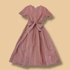 ヴィンテージ ロングワンピース 半袖 ウエストリボン チェック レトロ古着