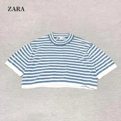 ザラ ボーダー半袖ショートニット(M)クロップド丈 ブルー×白 カジュアル　大人