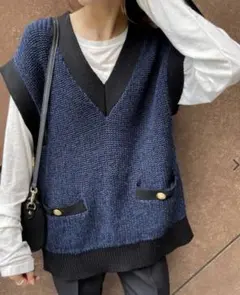 Spick and Span ツイードニットベスト 金ボタン ネイビー フリー