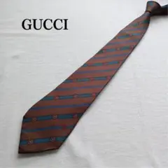 【良品】グッチ ネクタイ 茶色 ストライプ柄 絹 上品 クラシカル【n4072】