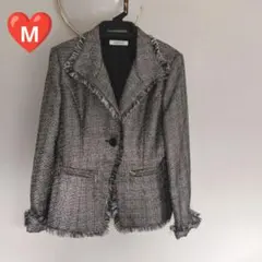 【VINTAGE】ジップポケット付きツイードジャケット フリンジ装飾M