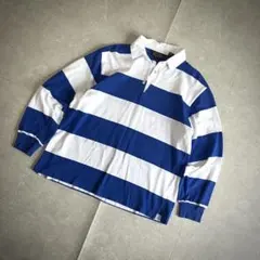 よ*ん様 Eddie Bauer 黒タグ長袖ポロシャツ 青白ストライプL