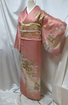 正絹　袷　訪問着 サーモンピンク 花柄 金彩 フルセット　美容襟付き長襦袢のサムネイル