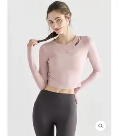 【yomoment】ピンク 長袖 クロップド ヨガウェア Lサイズ