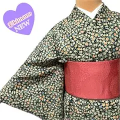 《9K91》洗える着物 小紋 袷 化繊 黒 ピンク 緑 対象身長～165cm