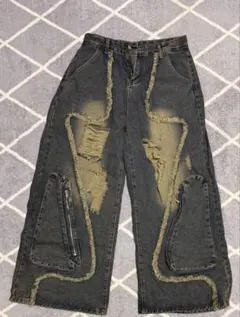 ダメージ加工 ワイドデニムパンツ ダークグレー