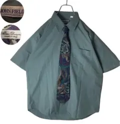 くすみグリーン×アンティーク調パープル総柄 ネクタイシャツ レトロ古着 ゆったり