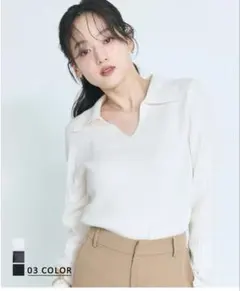 ベースメントオンライン　襟付きVネックリブニット　アイボリー