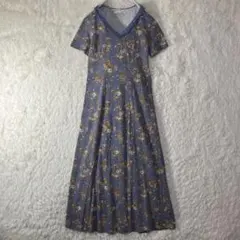 美品 ローラアシュレイ ロングワンピース 花柄 Aライン Vネック 半袖 M