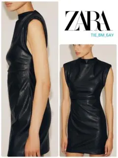 【破格】ZARA 肩パッド入りフェイクレザーショートワンピース 定価8000円