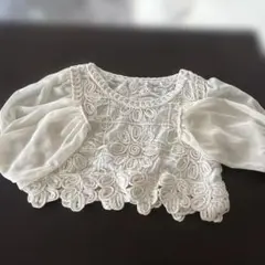 ホワイト　シフォンブラウス　刺繍　バルーンスリーブ　シースルー　S
