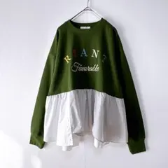 リメイク長袖トップス　スウェット×ワイシャツ　異素材ミックス　ランダムヘム