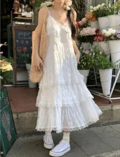 ホワイト レース キャミワンピース ロング丈 ZARA風 - メルカリ