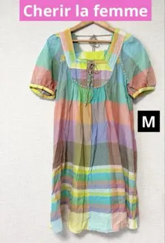 ❤️新品未使用❤️Cherir la femme半袖刺繍ワンピースMブルー系チェックのサムネイル
