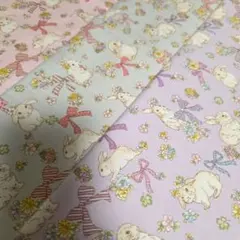 うさぎ　リボン　お花柄オックス生地　布 ハギレ　3枚セット