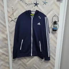 adidas パーカー Mサイズ ネイビー フルジップ フード付き