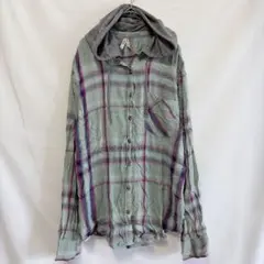 ★Mudd【L】フェイクレイヤード フード付き フランネル チェックシャツ　長袖