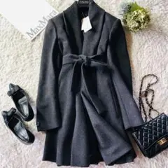 希少42✨未使用 マックスマーラ ベルテッドコート キャメル アンゴラ 濃灰