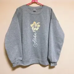 Temu トレーナー スウェット 裏起毛グレー ハイビスカス 裏起毛 M