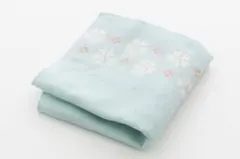 水色 花柄刺繍 タオルハンカチ