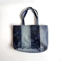 【未使用】デニム リメイク パッチワーク エコバッグ きんちゃく型 ハンドメイド