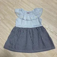 ミキハウス　水色フリル付きチェックワンピース80