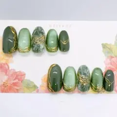 ネイルチップ グリーン系 新緑 ニュアンスネイル マグネット 上品 ゴールド 春