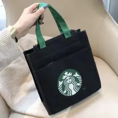 スタバ トートバッグ ランチバッグ　ハンド バック　黒キャンバス　ファスナー式のサムネイル