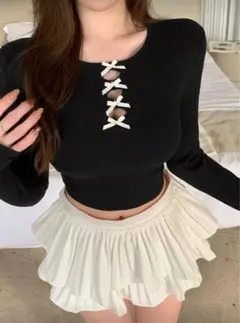 Dazy SHEIN レディース Tシャツ 長袖 レディーストップス 黒 リボン