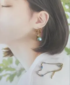 アクアマリのブレスレットとパール調チャーム付イヤリングのセット(ピアスへ変更可能