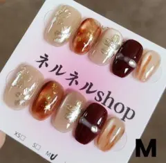 761:ベージュマにゴールドお花柄金箔ブラウンマーブルマグネット☆Mサイズ