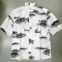 ZARA フィッシュ柄 リネンシャツ 半袖 ホワイト Mのサムネイル