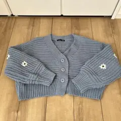 heather ブラック 花の刺繍 クロップドカーディガン青