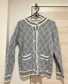 ダイヤモンド柄 グレー ニットカーディガン