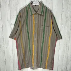 レトロ　ストライプシャツ　半袖　透け感　グレー　リボンモチーフ　総柄　ビンテージ