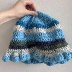 かぎ針編み バケットハット 青緑ストライプ