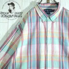 人気 ラルフローレン 半袖シャツ 2XL グリーン チェック ボタンダウン 古着