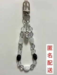 ハンドメイド／ビーズストラップ／モノクロ／シルバー／狐面／和風／匿名配送