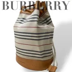 【美品】バーバリー　リュック　バックパック　ボーダー柄　ロゴ型押し　ヌメ革大容量