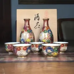 『春うー特価』　九谷焼　陶全　『金彩小花』　酒器揃　盃　5杯　徳利　2本